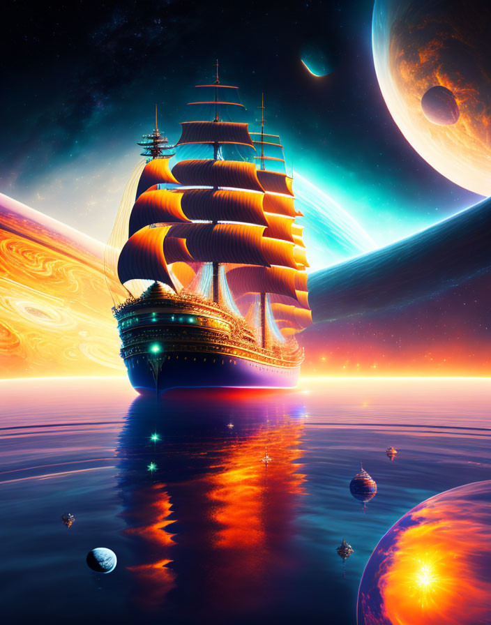 Large sailing ship with orange sails on cosmic sea with planets and nebula.