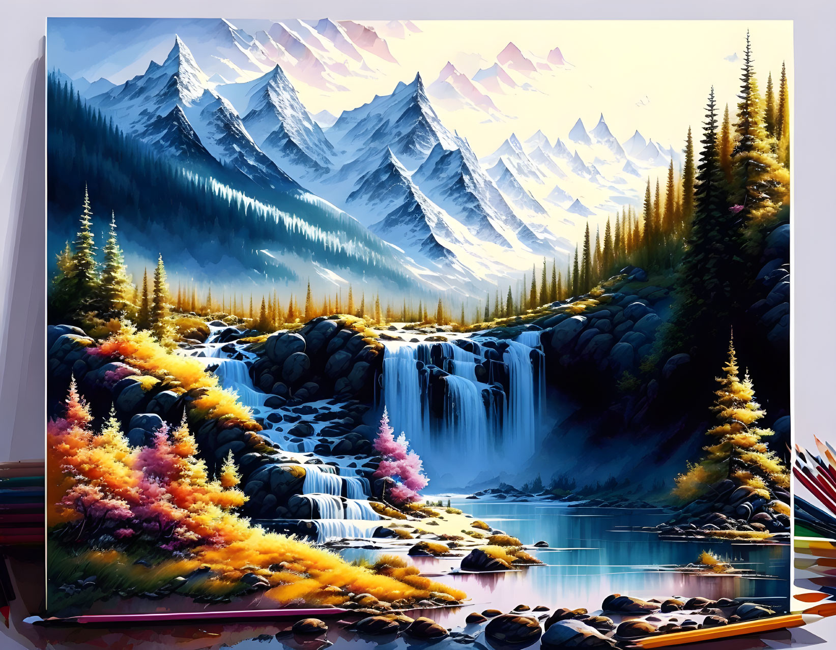 Scenic mountain waterfall in vibrant digital painting