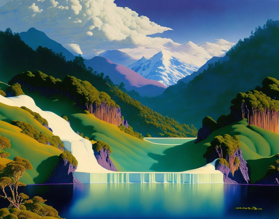 Scenic mountain landscape painting with snow, forest, lake, and waterfall