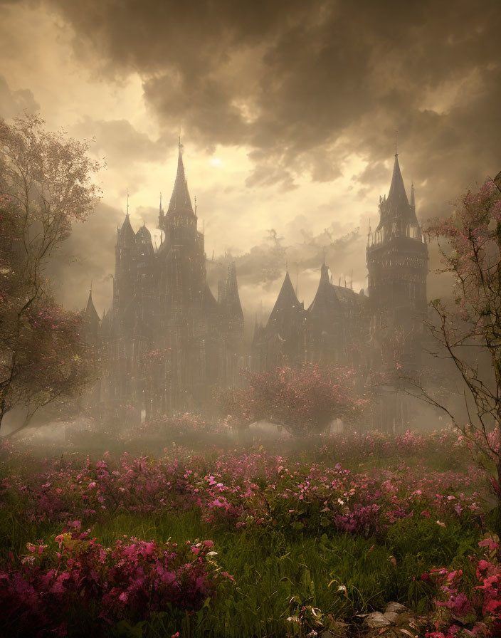 Ethereal gothic castle in mist with dark spires and vibrant pink flowers