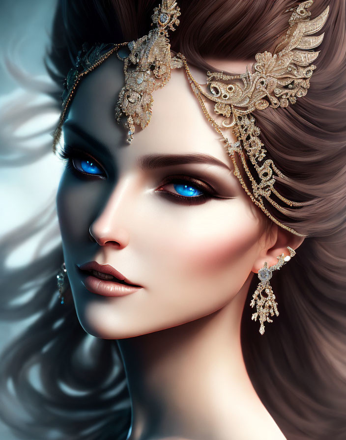 Portrait of a woman with blue eyes and golden headpiece & earrings