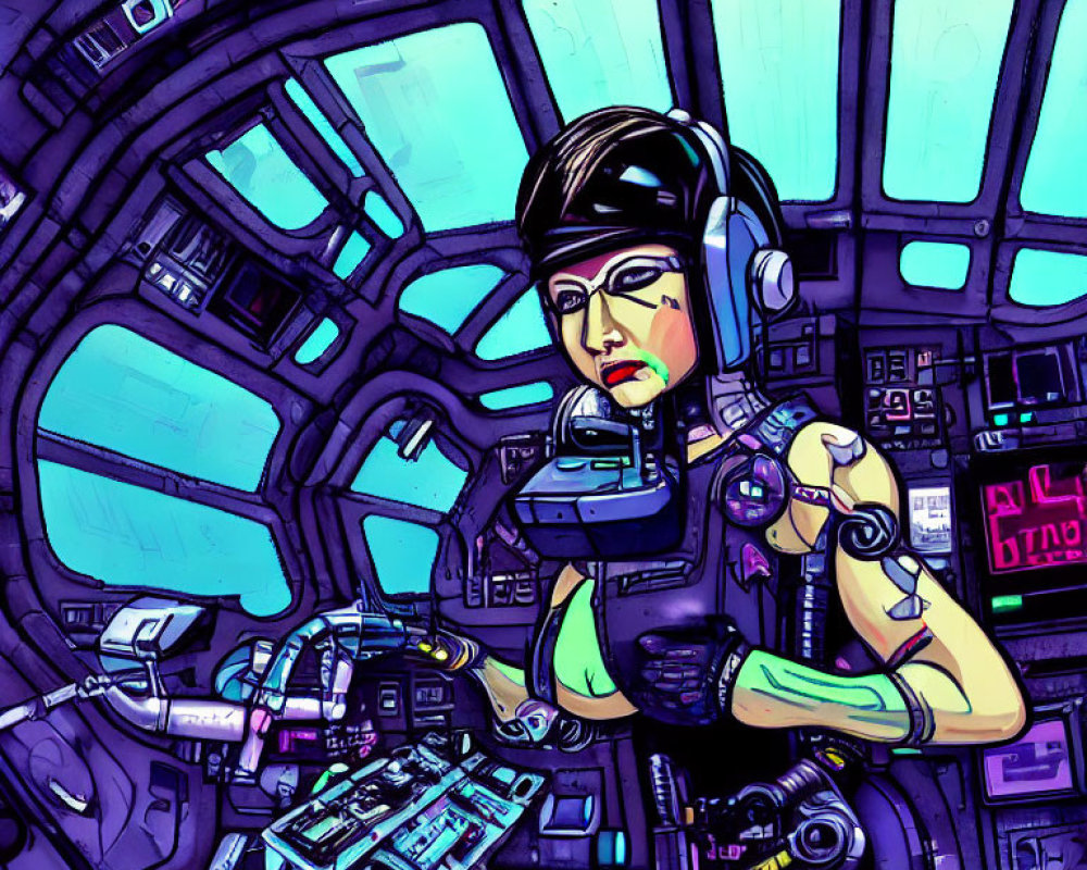 Vibrant cybernetic woman piloting spacecraft with futuristic control panel