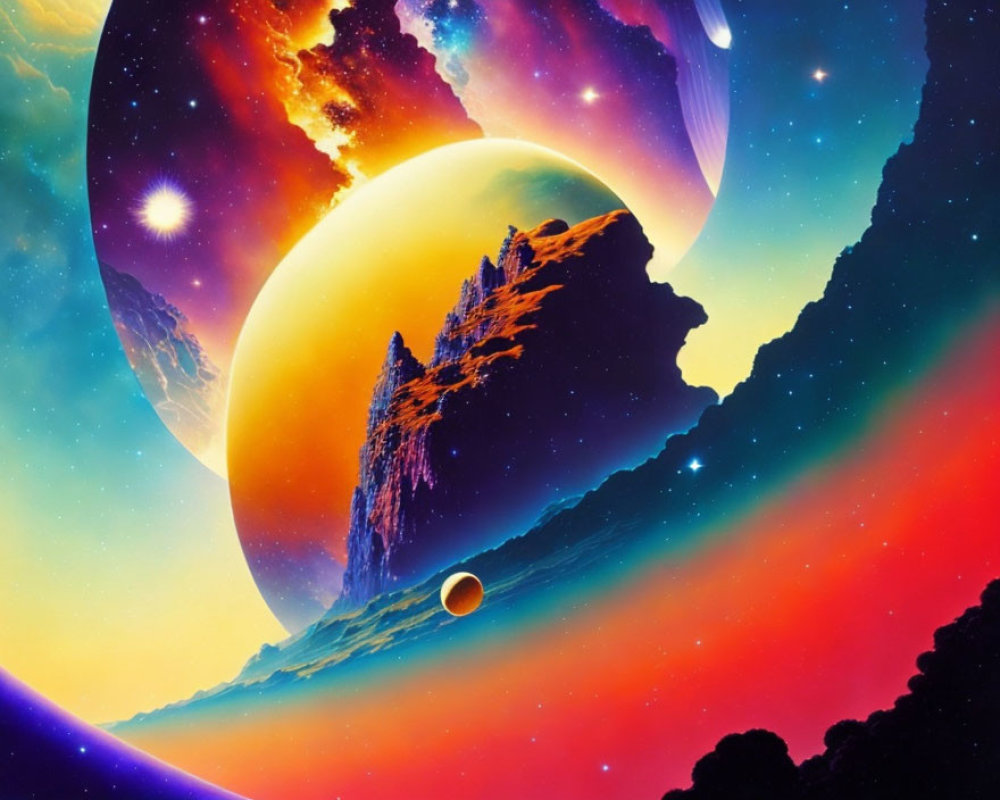 Colorful Sci-Fi Landscape with Mountains, Nebulae, and Stars