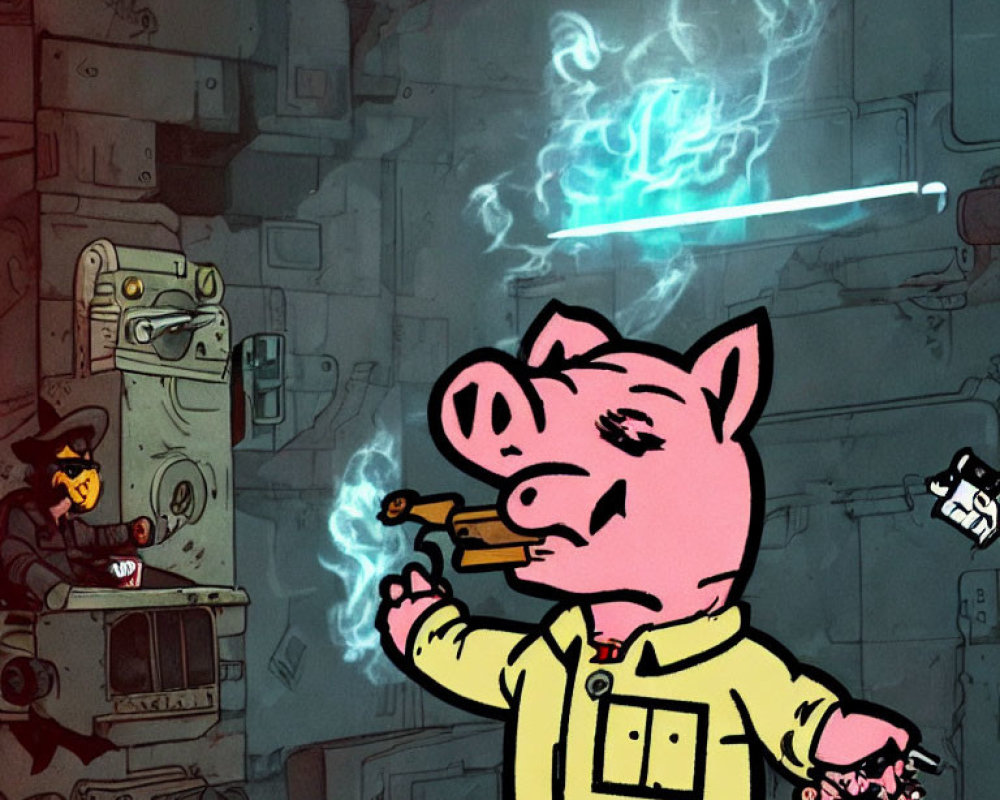 Anthropomorphic pig in yellow outfit with cigar, blue weapon, graffiti-covered walls