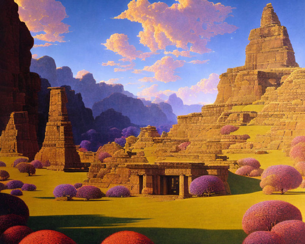 Vibrant purple spherical trees in surreal landscape with ancient ruins under deep blue sky.