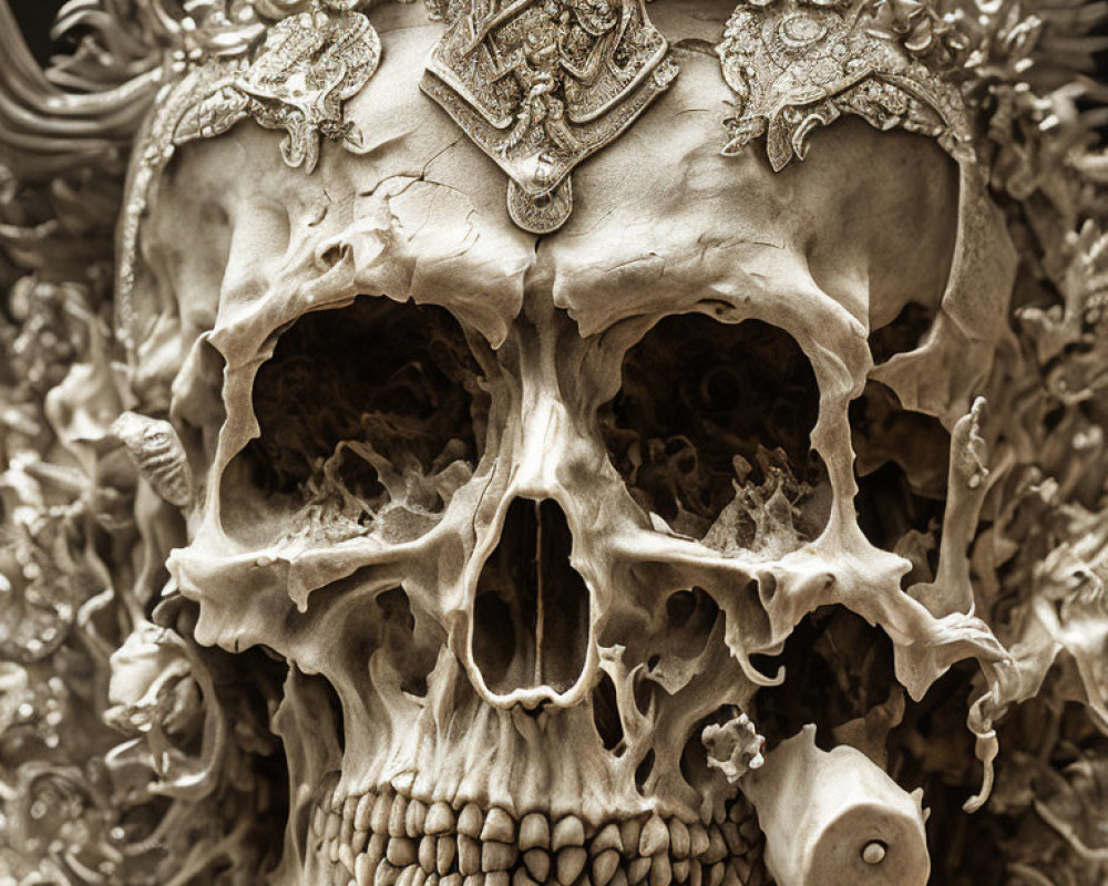 Detailed Skull Sculpture with Ornate Filigree and Floral Motifs