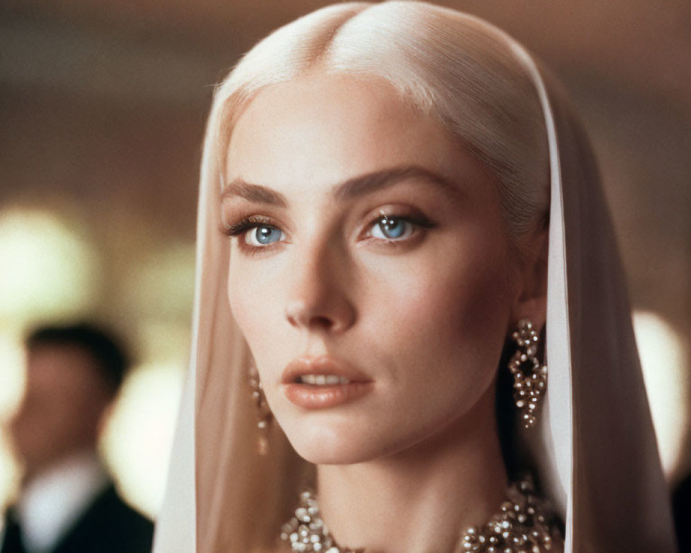 Platinum Blonde Woman with Blue Eyes and Diamond Jewelry