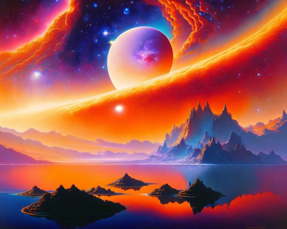 Sci-fi landscape with fiery nebulae, moon, mountains, and reflective lake