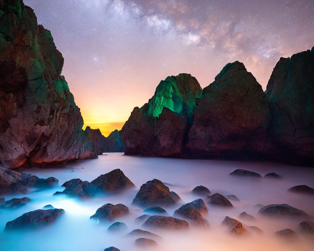 Starry sky over rugged cliffs and misty cove at sunset