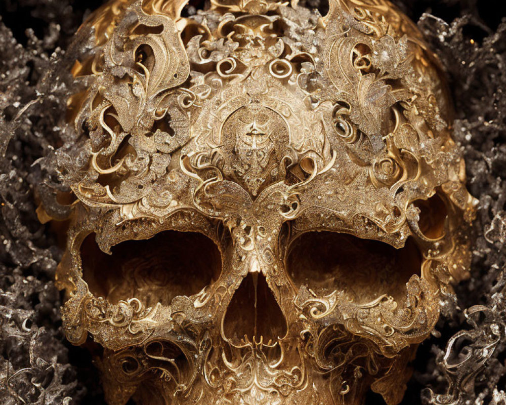 Golden Carved Skull with Religious Symbols and Crystalline Formations