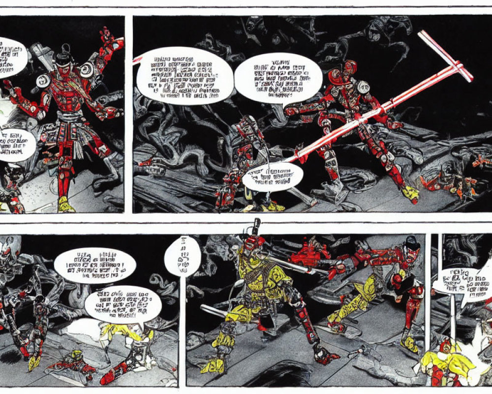 Sci-fi comic strip characters in red and yellow armor with beam weapons in rocky terrain.