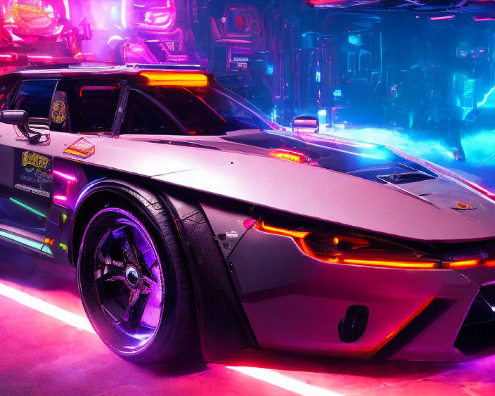 Futuristic sports car with neon lights in cyberpunk urban setting