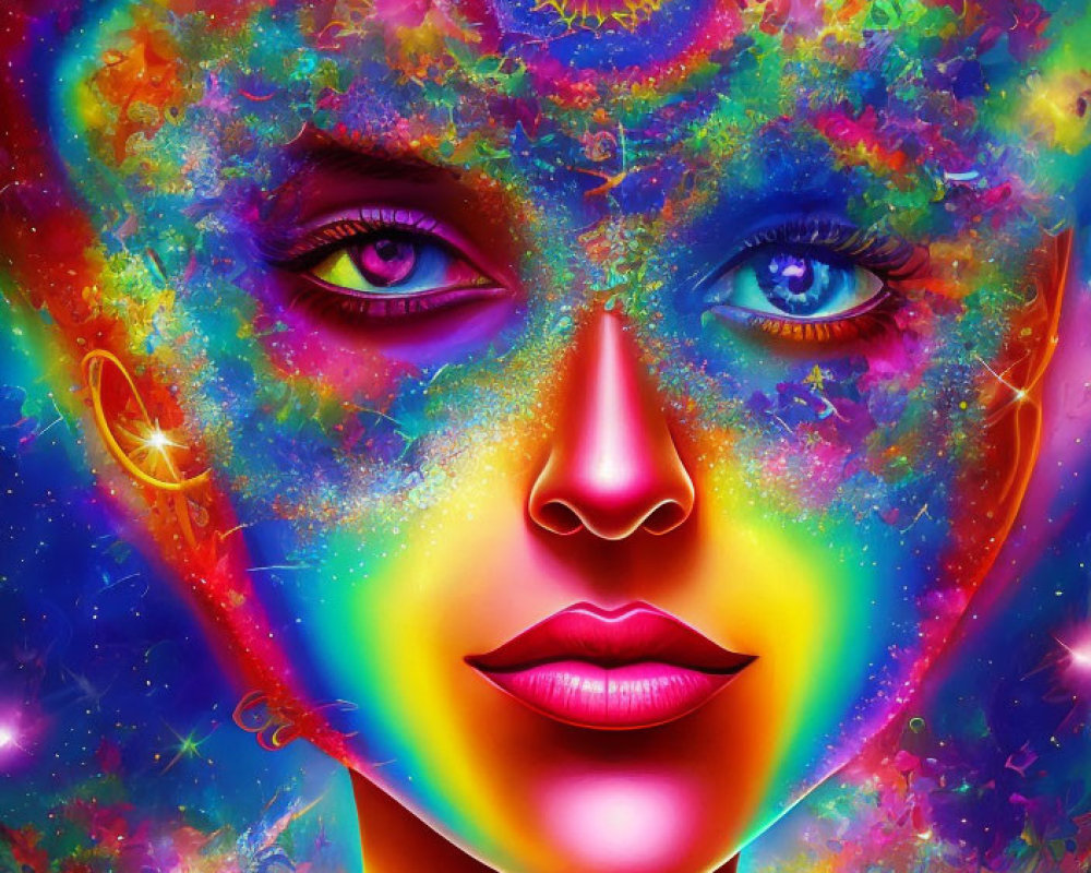 Colorful digital portrait with cosmic elements and surreal background