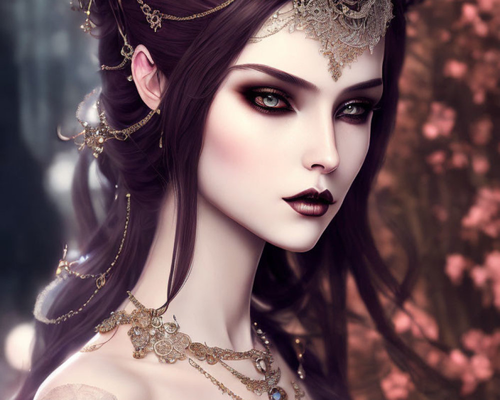 Fantasy Queen with Fair Skin, Golden Crown, and Violet Hair