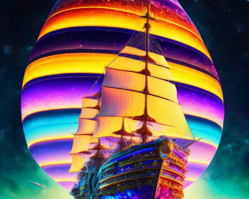 Majestic sailing ship on cosmic ocean with giant planet and fiery moon