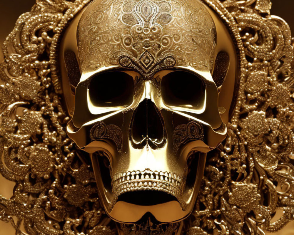 Golden skull with intricate patterns in baroque-style designs on golden background