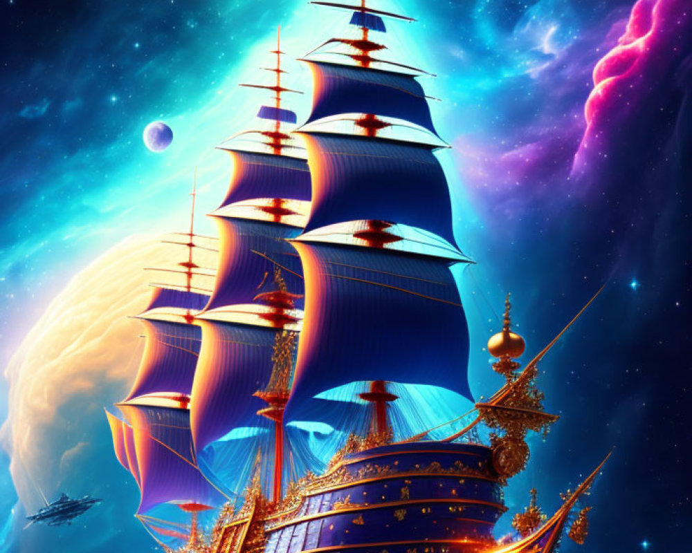 Fantastical ship with vibrant blue sails in cosmic sky