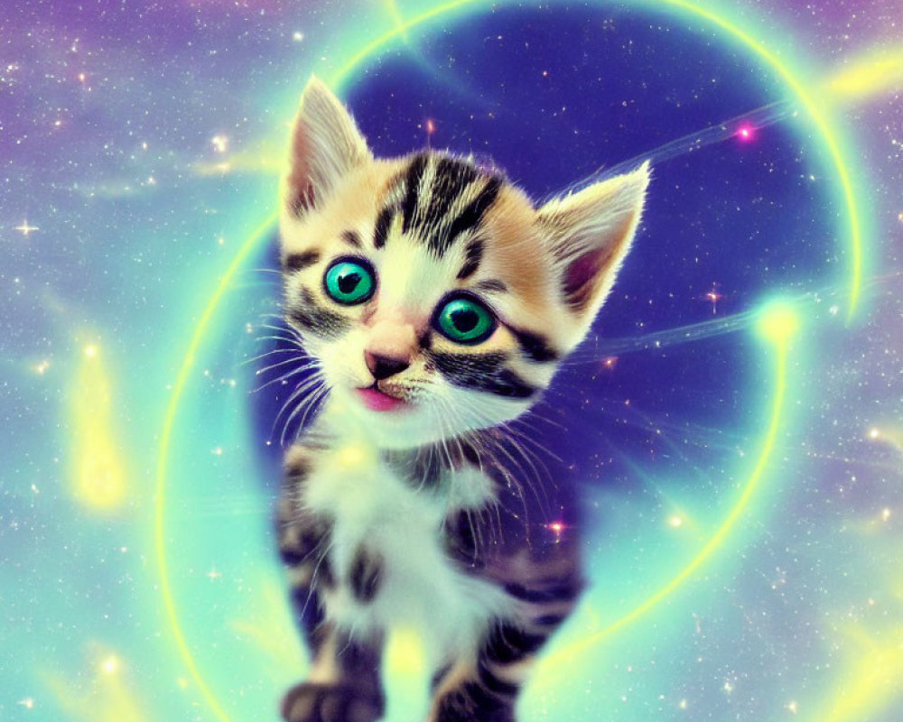 Adorable kitten with turquoise eyes in galaxy setting