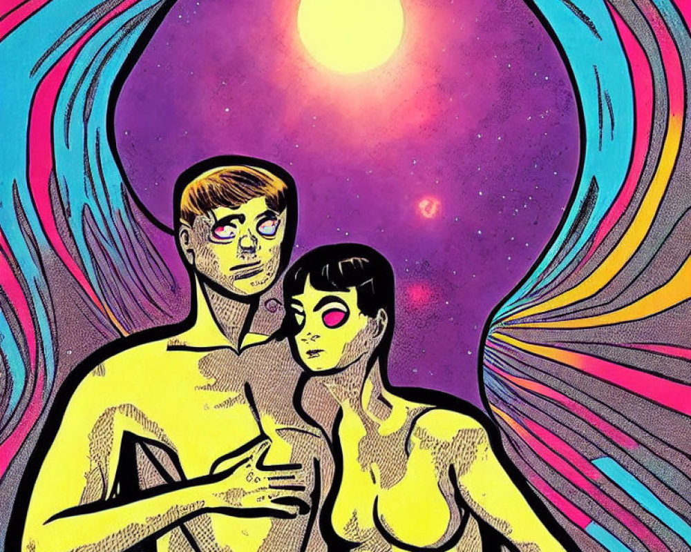 Vibrant psychedelic illustration with yellow-skinned figures in cosmic setting