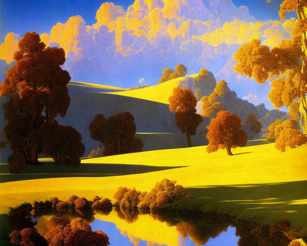 Vibrant surreal landscape with yellow hills, reflective water, orange foliage, blue sky