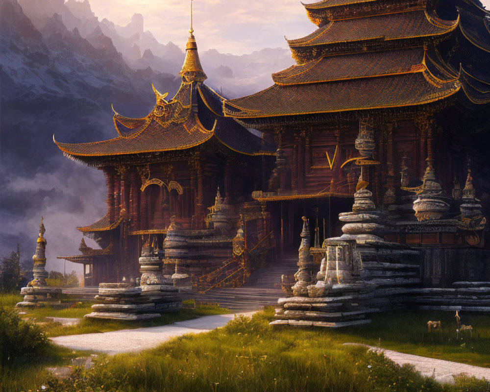 Intricate Wooden Temple Among Stone Stupas and Mountains at Sunrise