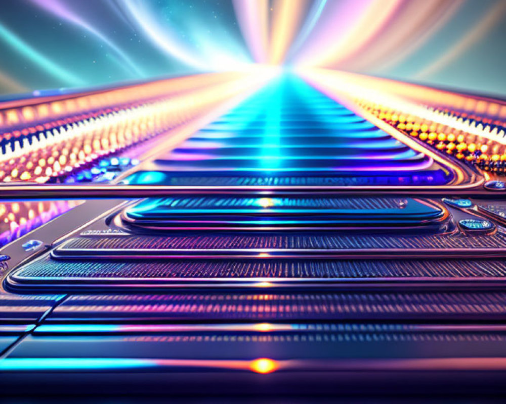 Futuristic digital artwork: Vibrant pathway with illuminated panels