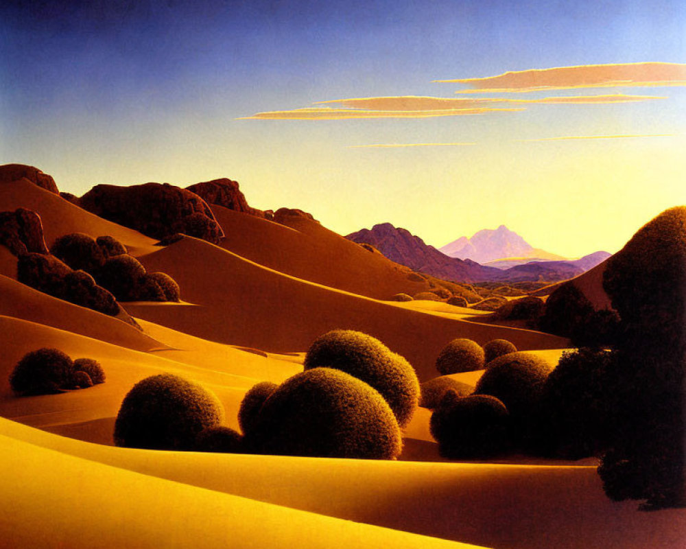 Surreal landscape with golden sand dunes, spherical shrubs, dark mountains