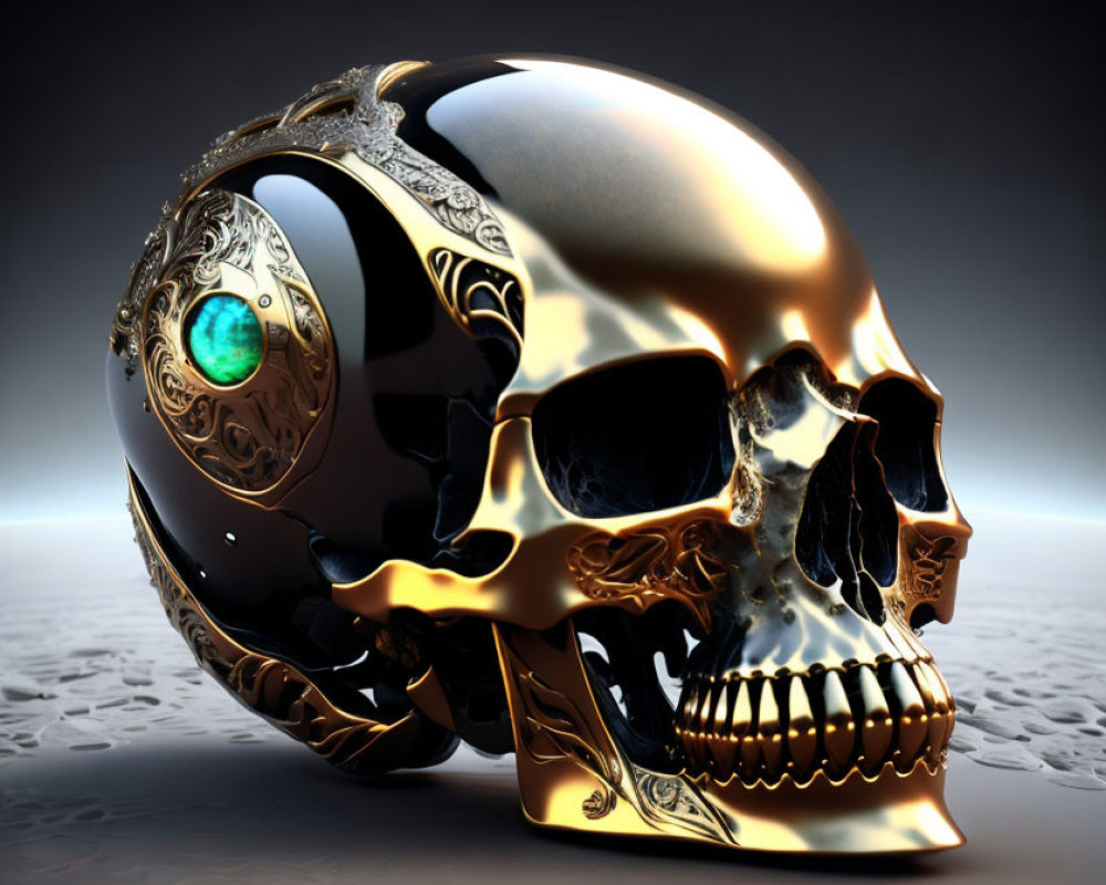 Ornate skull with gold, black details, and emerald on reflective surface