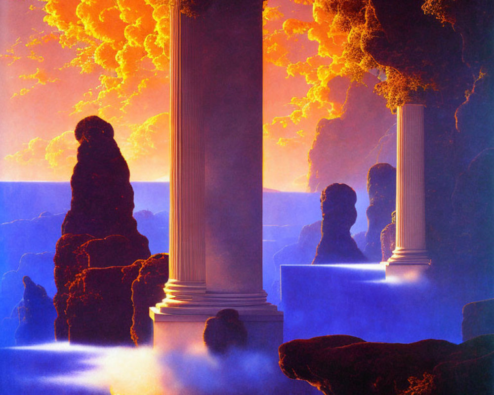 Surreal Landscape with Classical Columns and Fiery Orange Clouds