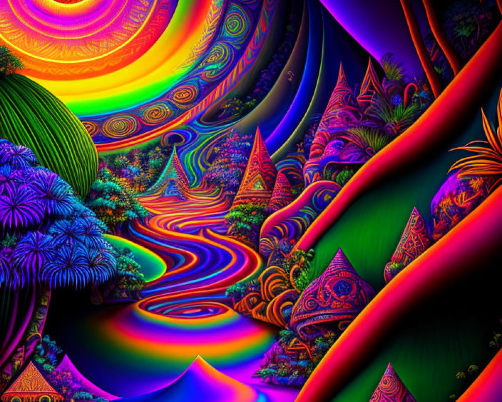 Colorful psychedelic digital artwork with swirling patterns and fractal trees