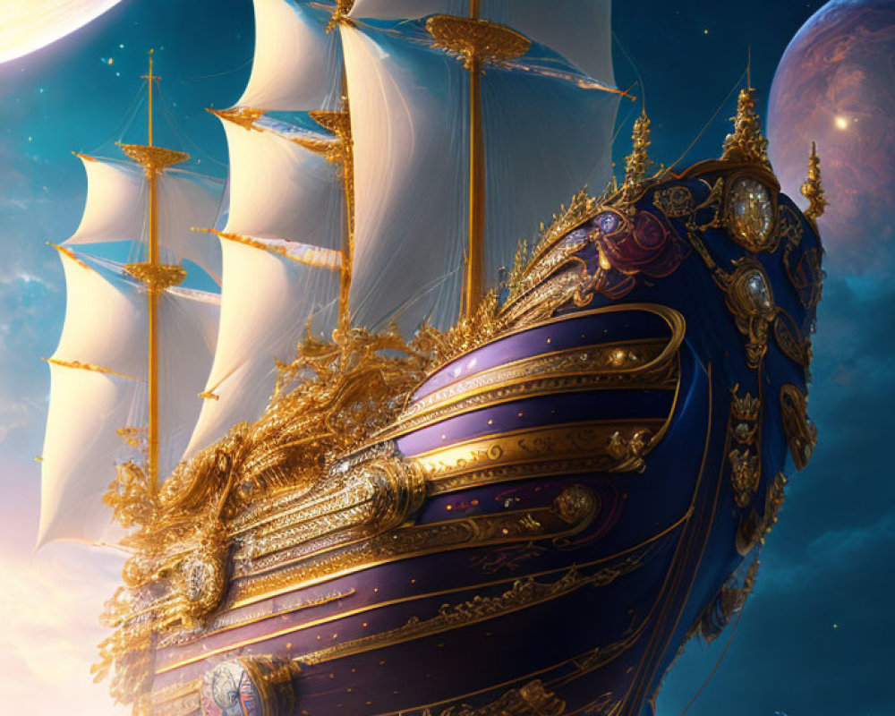 Ornate sailing ship with golden embellishments sailing through cosmic seas