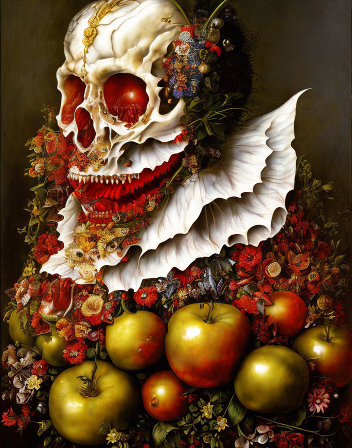 Skull surrounded by vibrant flowers, insects, wing, and apples