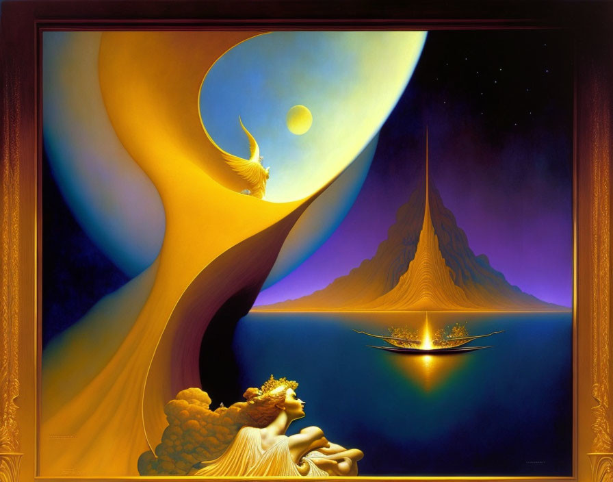 Fantasy painting: reclining woman, boat with candle, mountain, celestial bodies in ornate gold