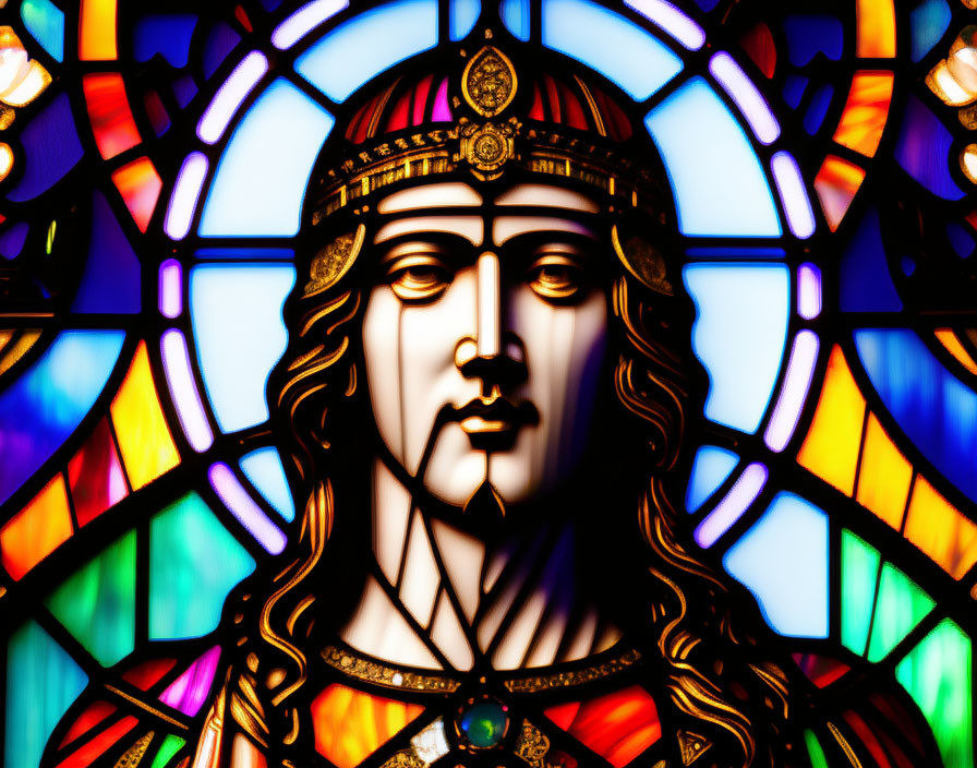 Regal figure with crown in vibrant stained glass window