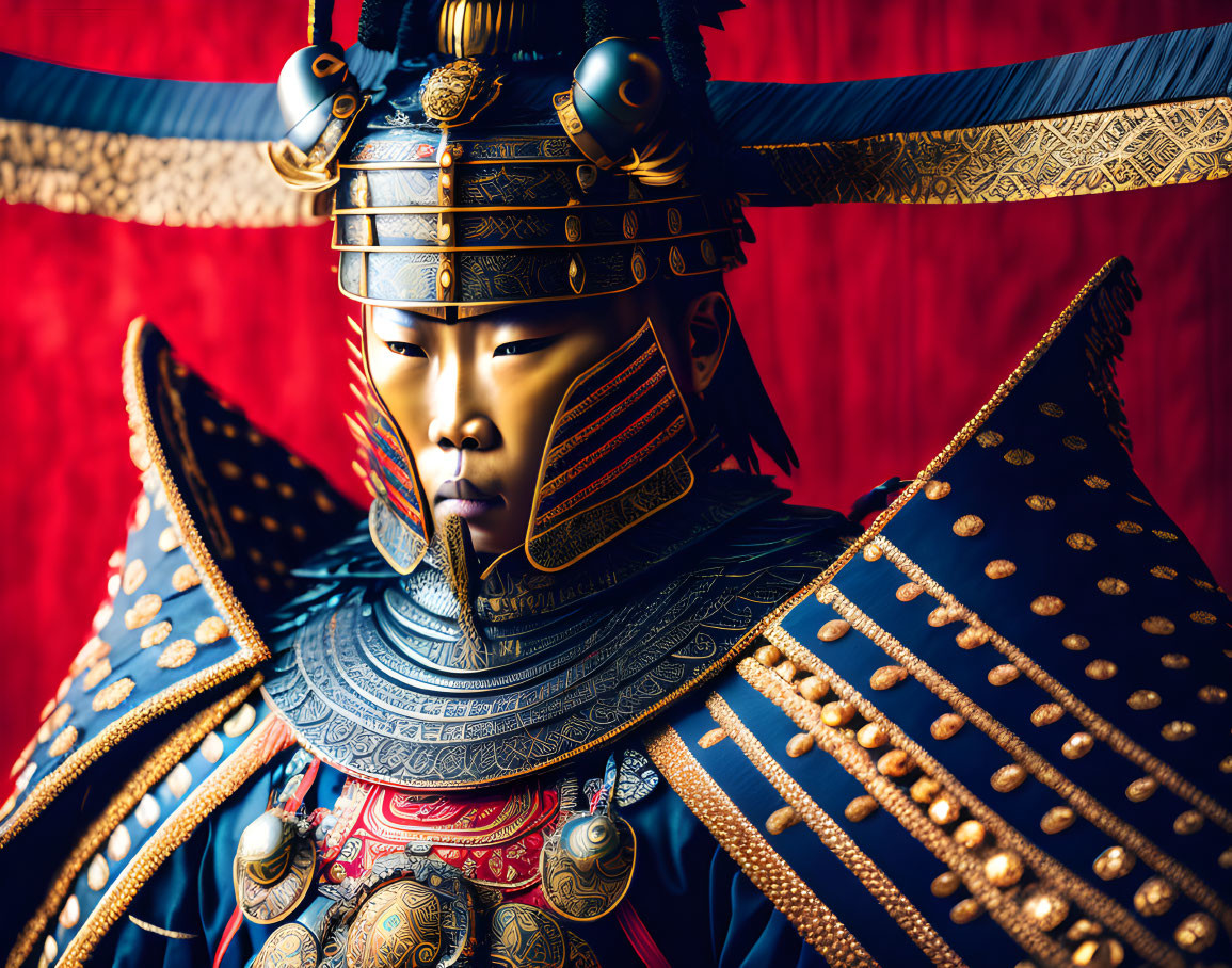 Traditional Japanese samurai armor with kabuto helmet on red background