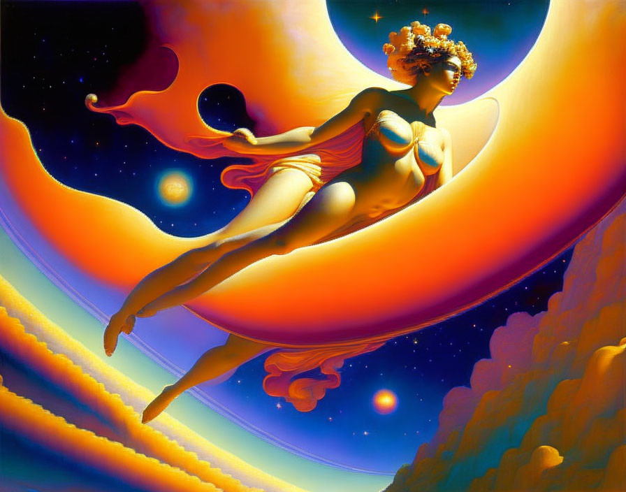 Surreal painting of woman with stars in hair among cosmic bodies