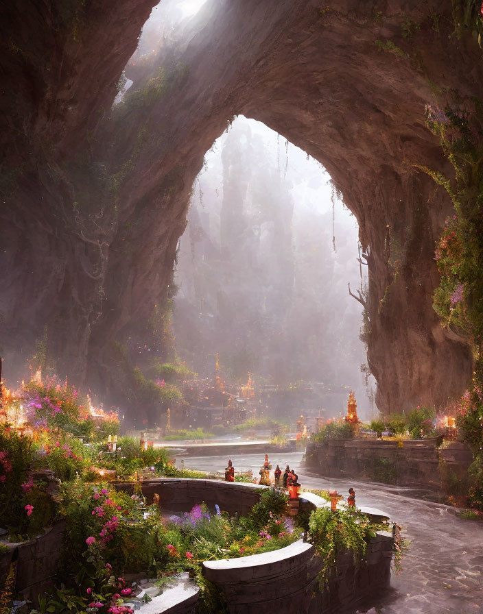 Majestic cavern with lush garden, vibrant flowers, serene pond, and figures exploring tranquil sanctuary