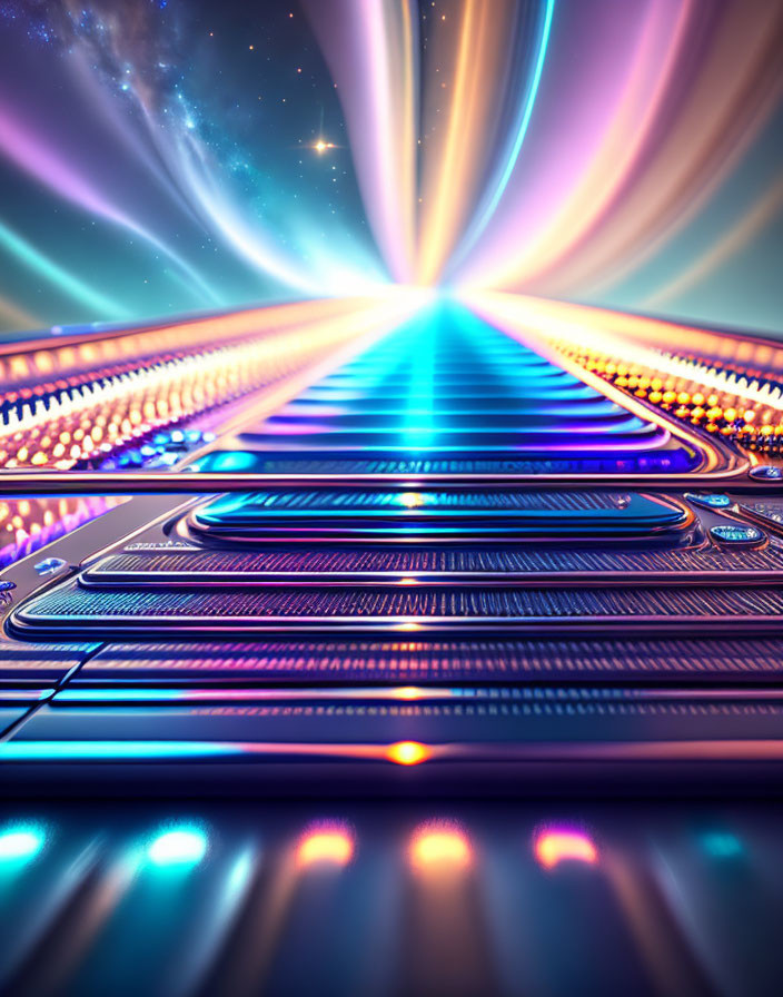 Futuristic digital artwork: Vibrant pathway with illuminated panels