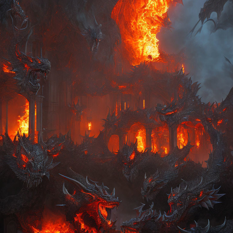 Fantasy scene: fierce dragons around molten lava core in gothic setting