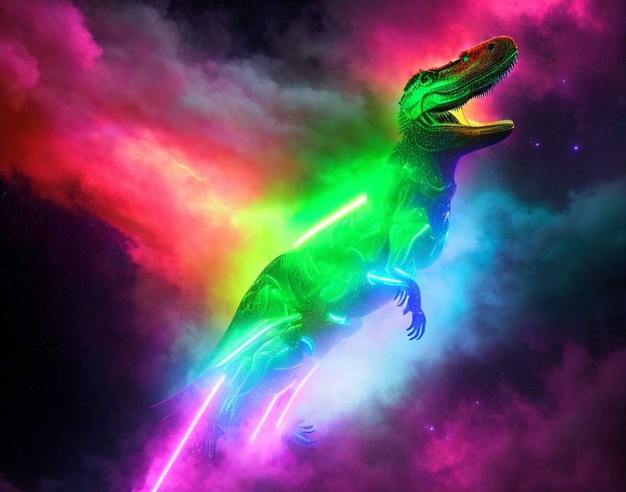 Neon-colored T-Rex against cosmic pink and purple clouds