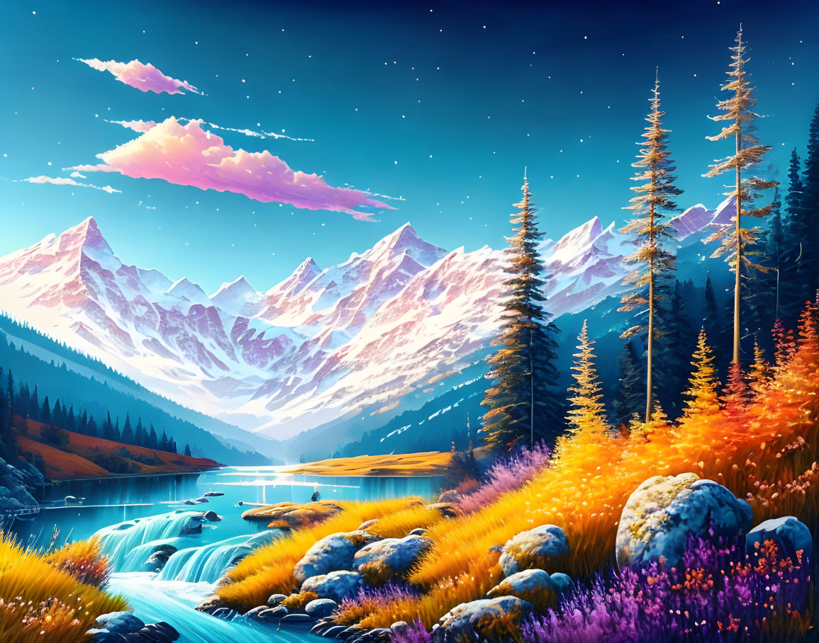 Colorful Mountain Landscape with River and Sunset Sky