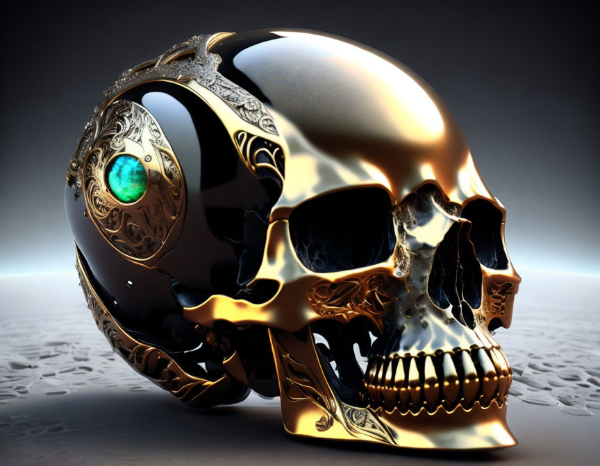 Ornate skull with gold, black details, and emerald on reflective surface