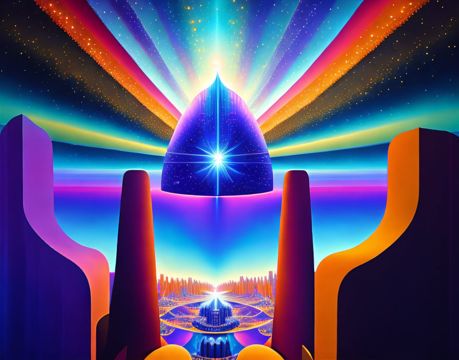 Symmetrical, colorful illustration with shining star on cosmic background