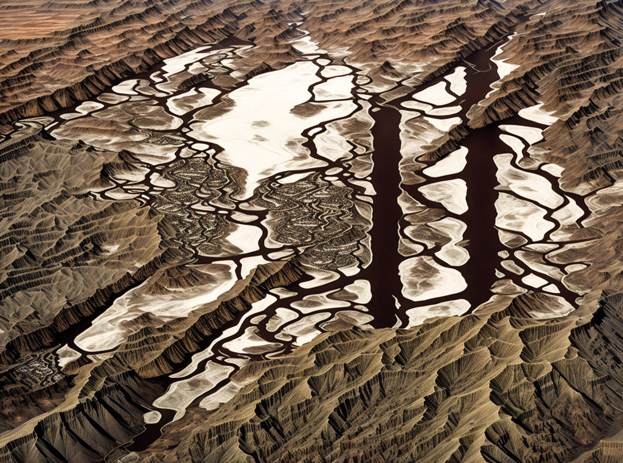 Mountainous Landscape with Dark Waterways and Light Sediment Patterns