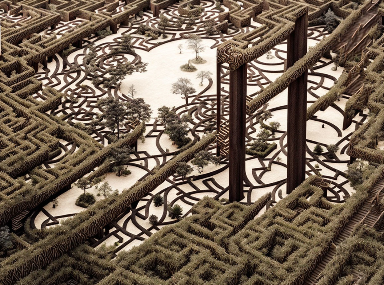 Detailed Hedge Maze with Tall Hedges, Pathways, Trees, and Pillars