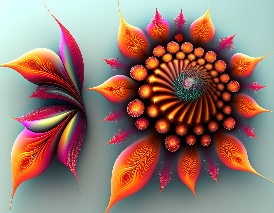 Colorful Fractal Art: Spiral Center with Flame-Like Patterns