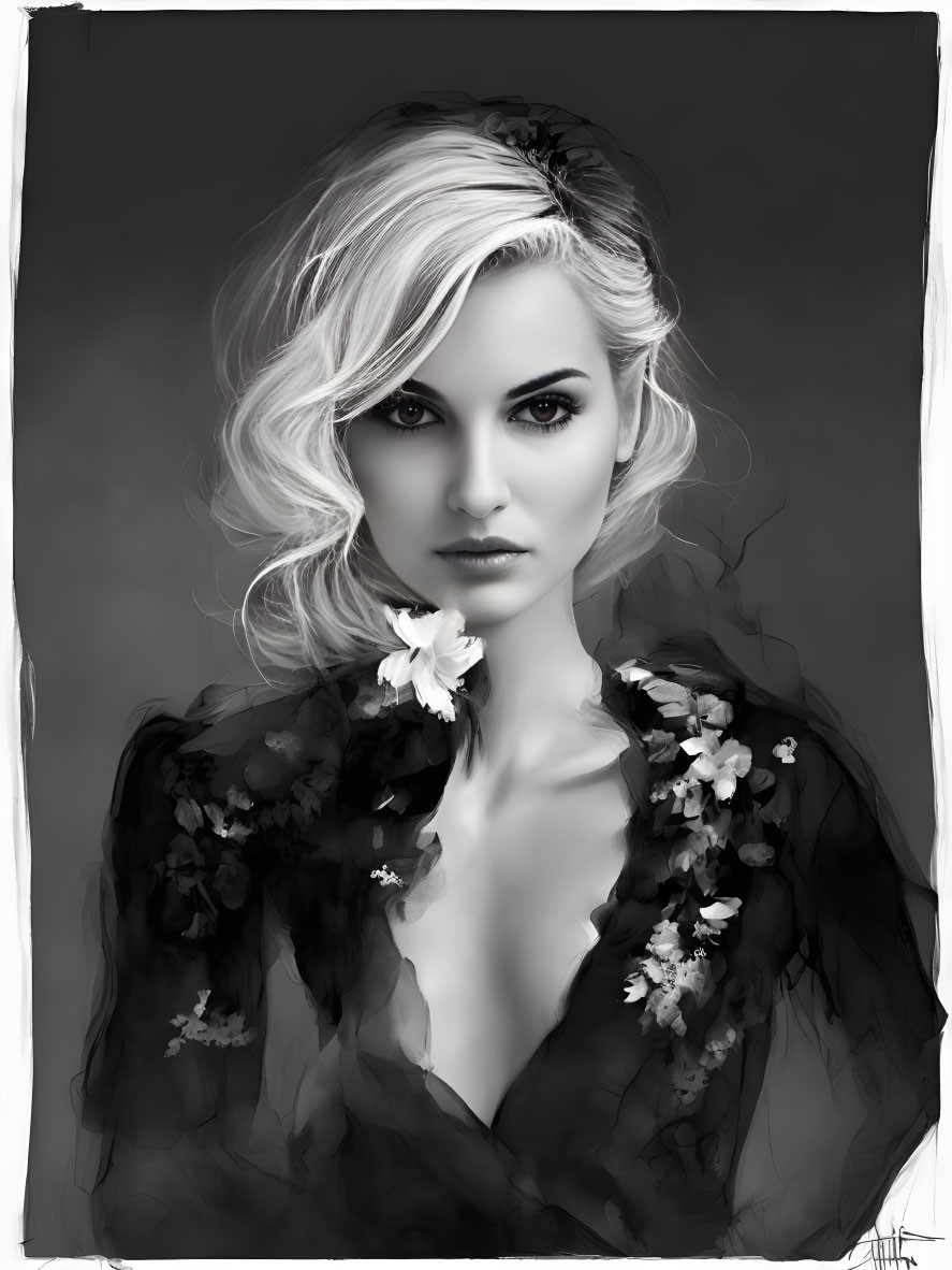 Monochrome digital portrait: Woman with wavy hair and floral jacket.