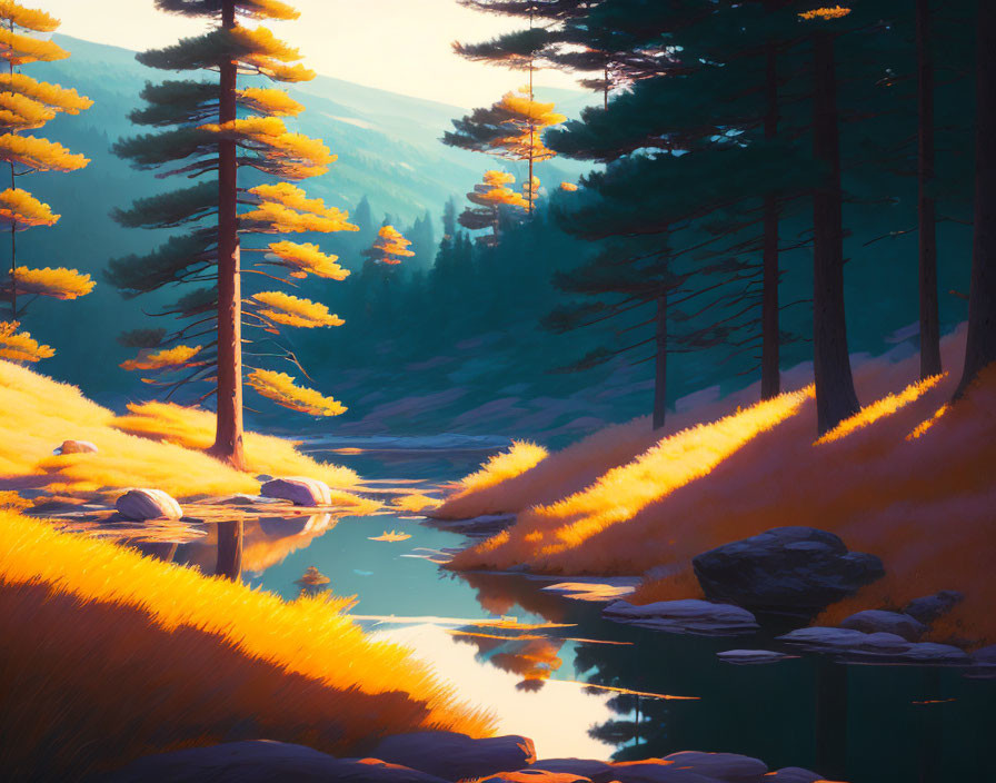 Tranquil forest with sunlight filtering through pine trees