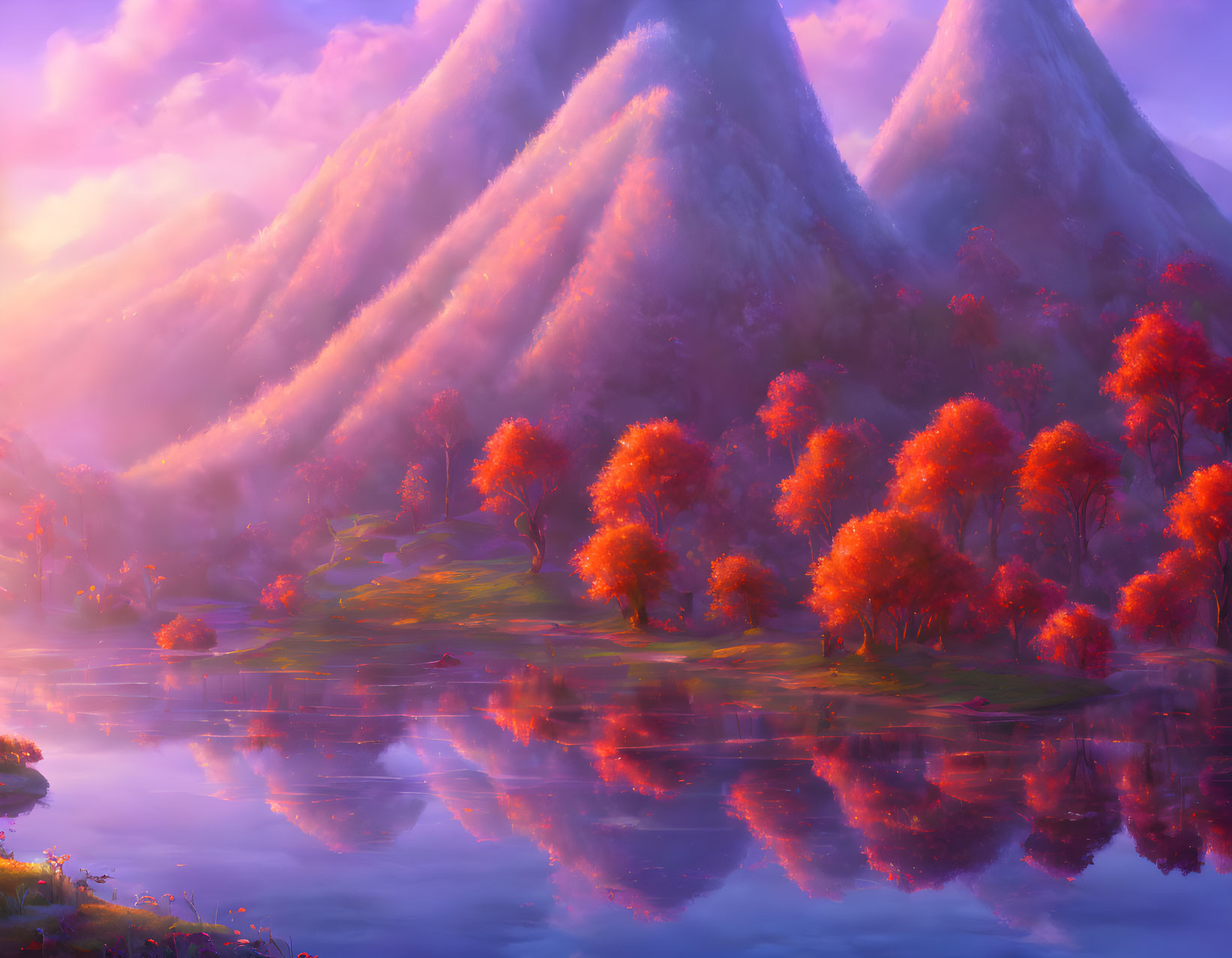 Tranquil sunrise landscape with orange trees, calm lake, and misty mountains.