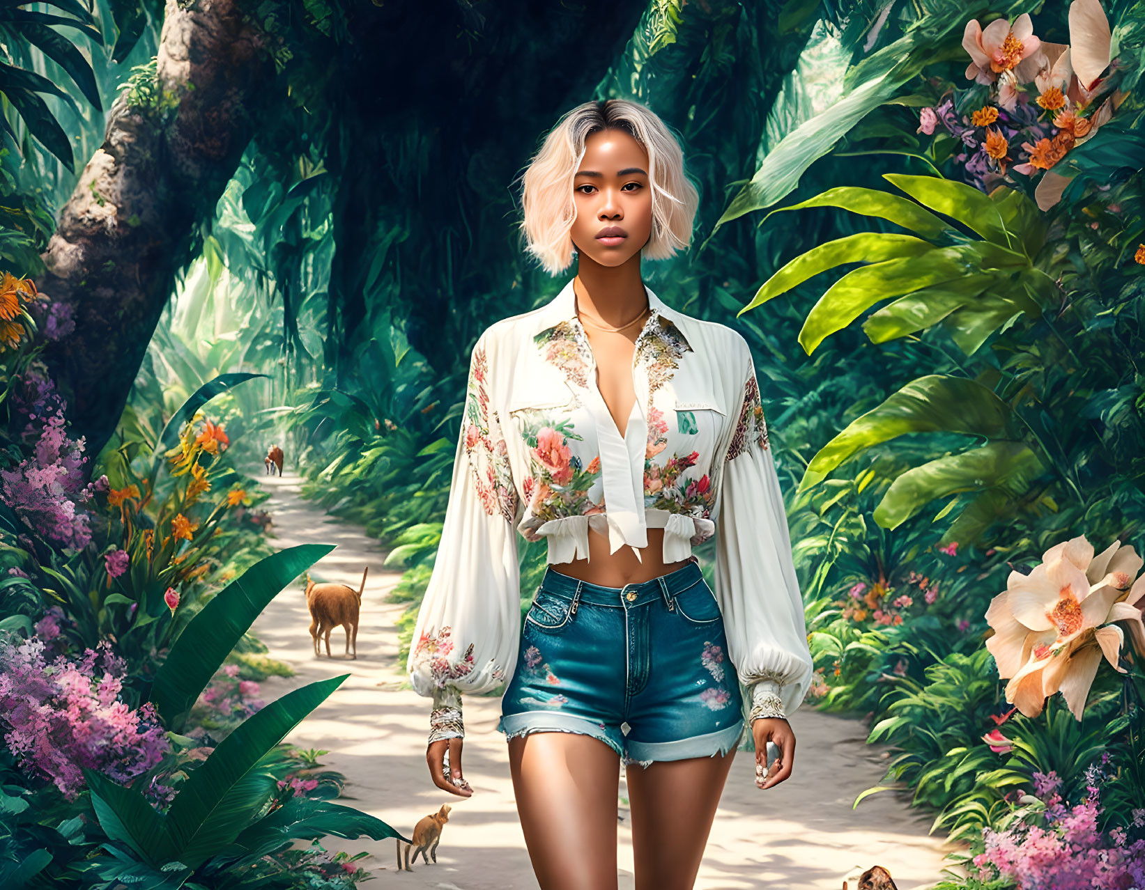 Woman in Floral Blouse and Denim Shorts in Vibrant Forest Setting